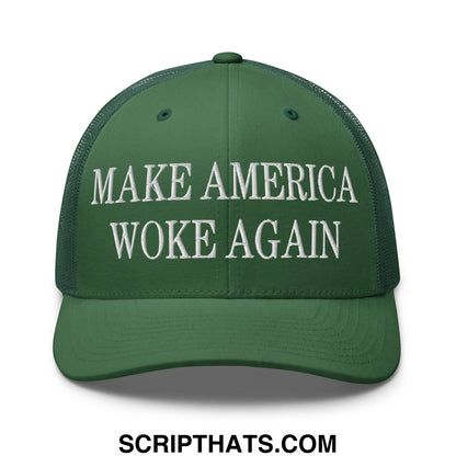 Dark green mesh trucker hat with white embroidered text reading make america woke again on the front