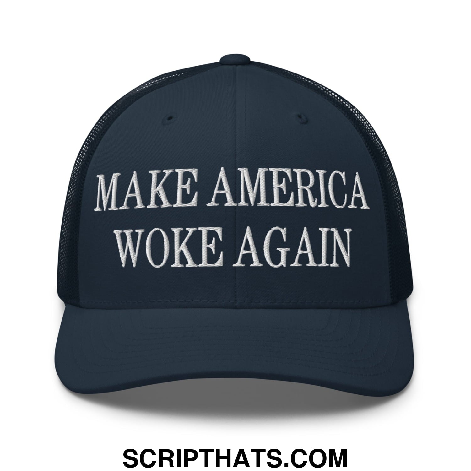 Dark navy blue mesh trucker hat with white embroidered text make america woke again on the front panel