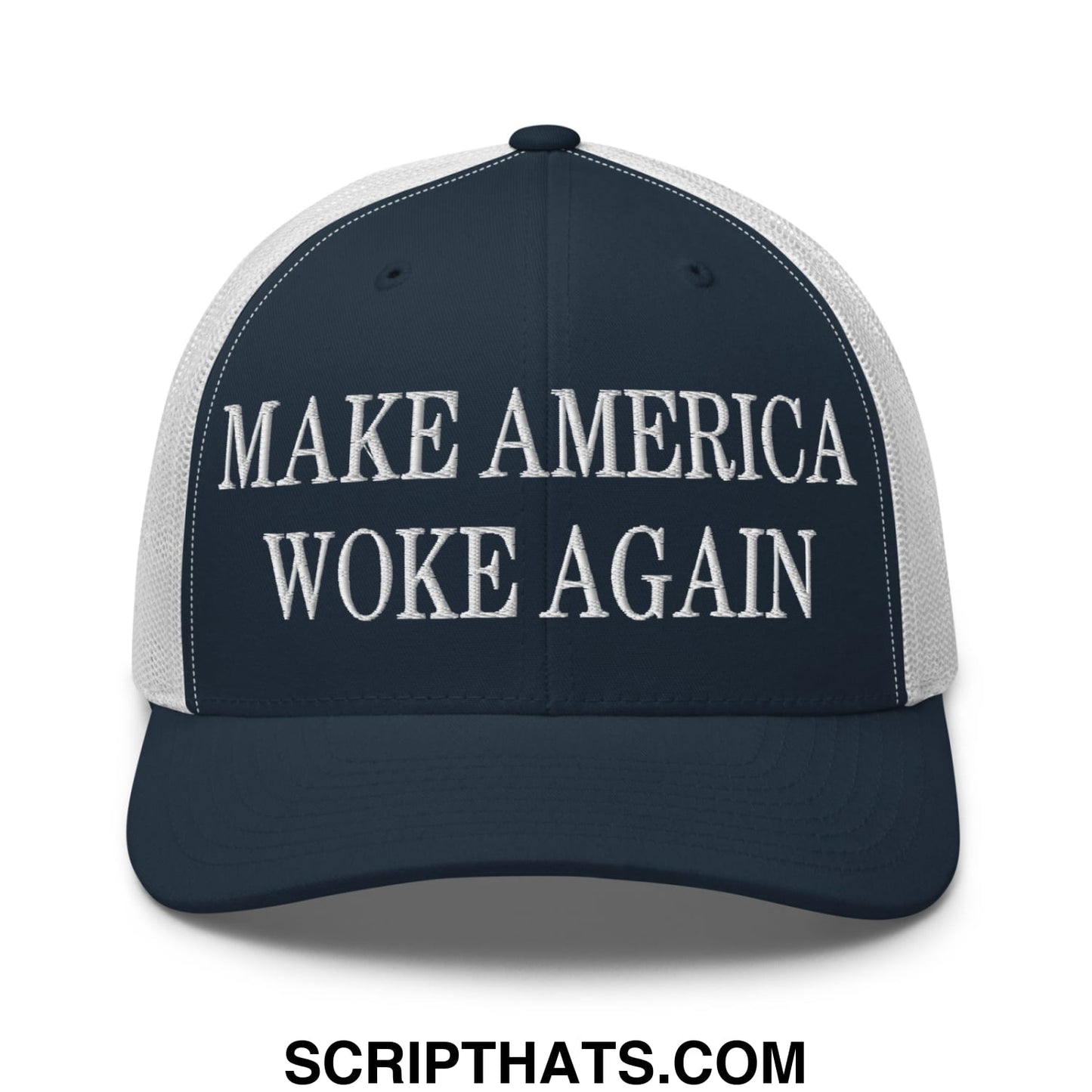Dark blue and white mesh trucker hat with embroidered make america woke again text in bold capital letters