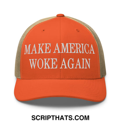 Orange and beige mesh trucker hat with white embroidered make America woke again text for casual wear