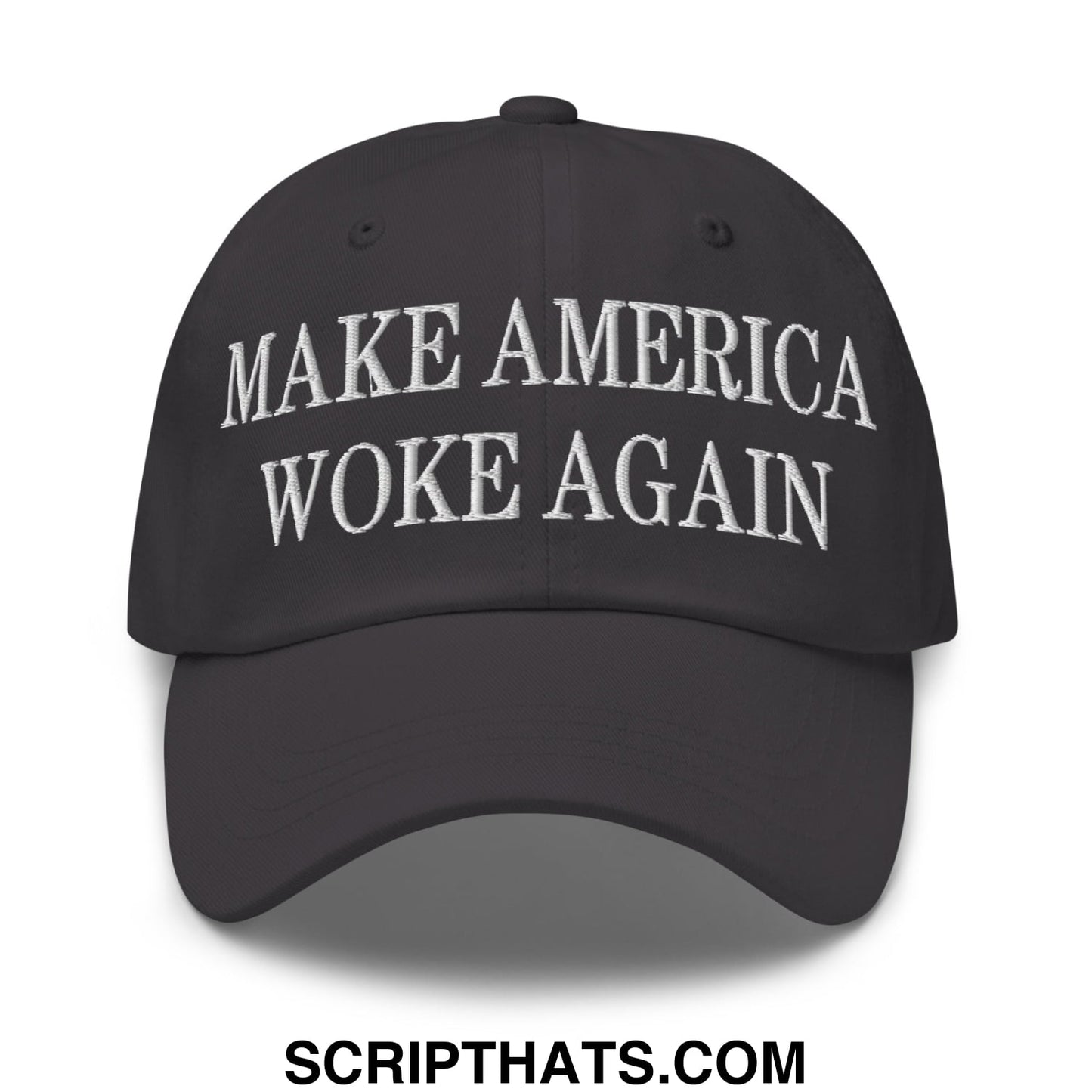 Black unstructured dad hat with white embroidered make America woke again text for casual wear