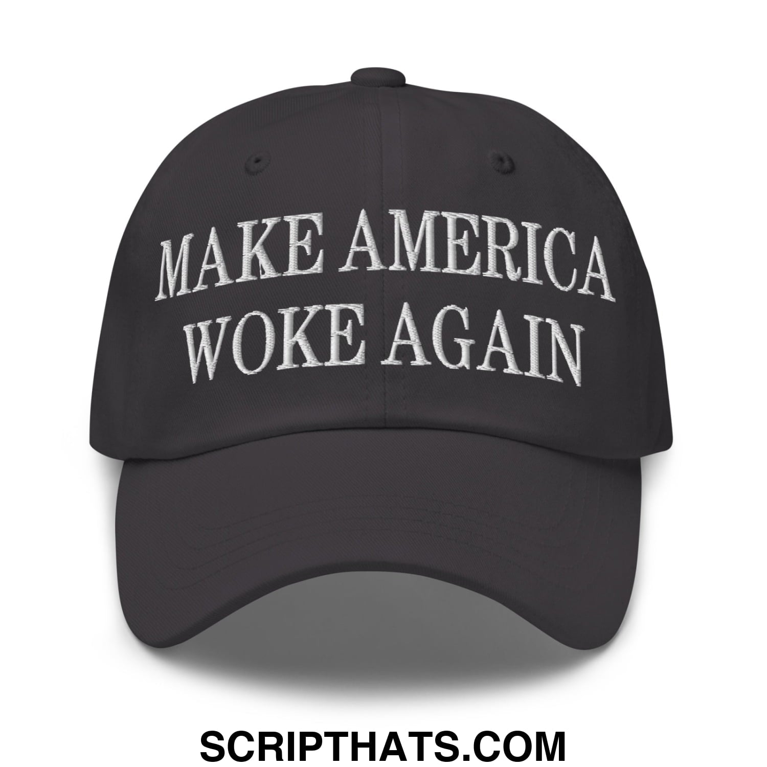 Black unstructured dad hat with white embroidered make America woke again text for casual wear