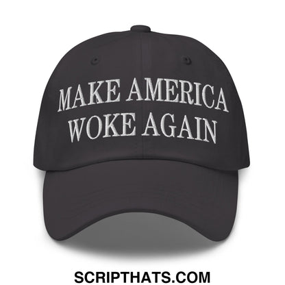 Black unstructured dad hat with white embroidered make America woke again text for casual wear