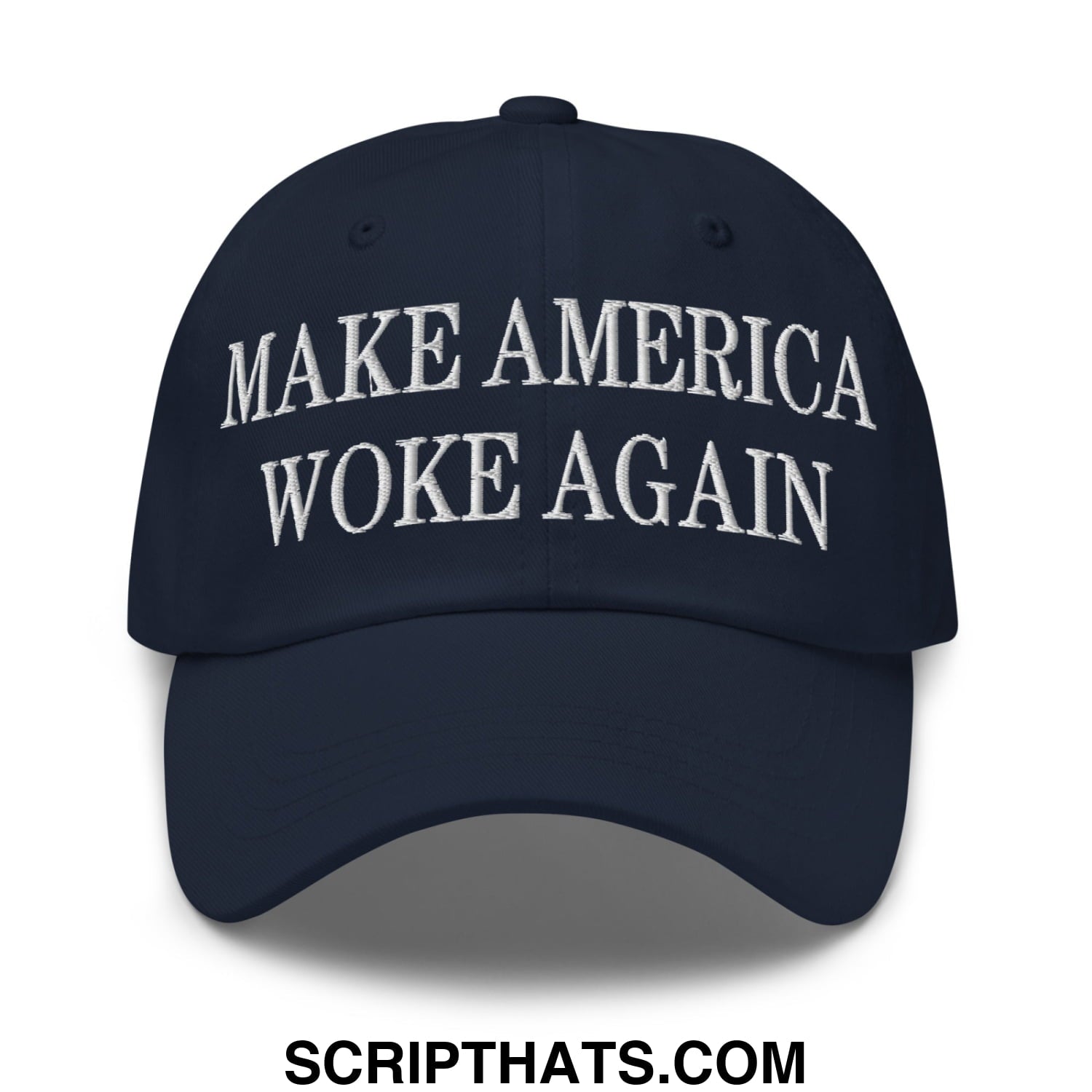 Navy blue unstructured dad hat with white embroidered text make america woke again in a casual style