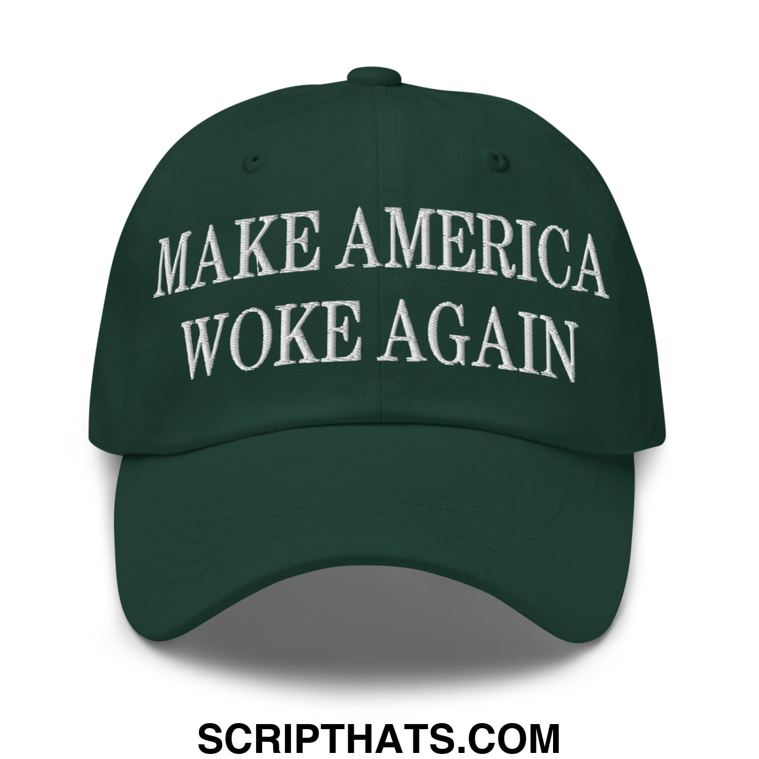 Dark green unstructured dad hat with white embroidered make america woke again text in a casual style
