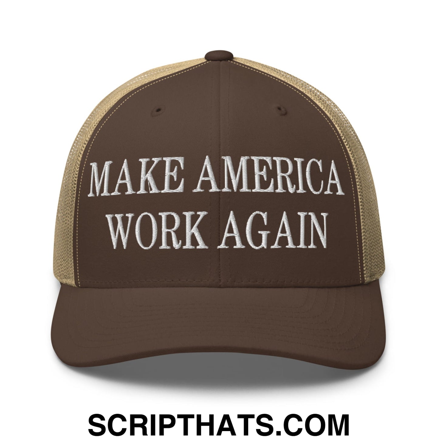 Make America Work Again Embroidered Mesh Trucker Hat Brown Khaki