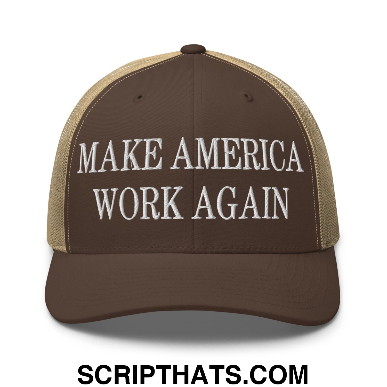 Make America Work Again Embroidered Mesh Trucker Hat Brown Khaki