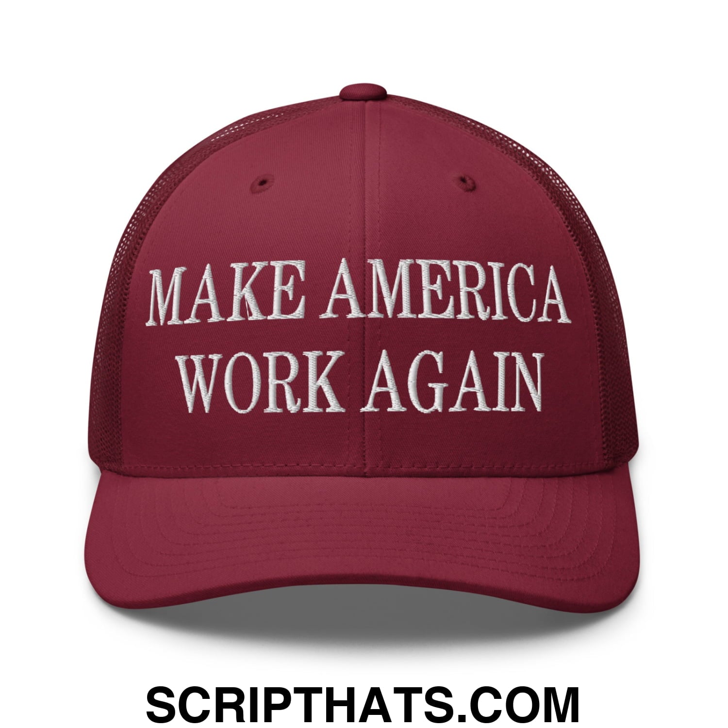 Make America Work Again Embroidered Mesh Trucker Hat Cranberry