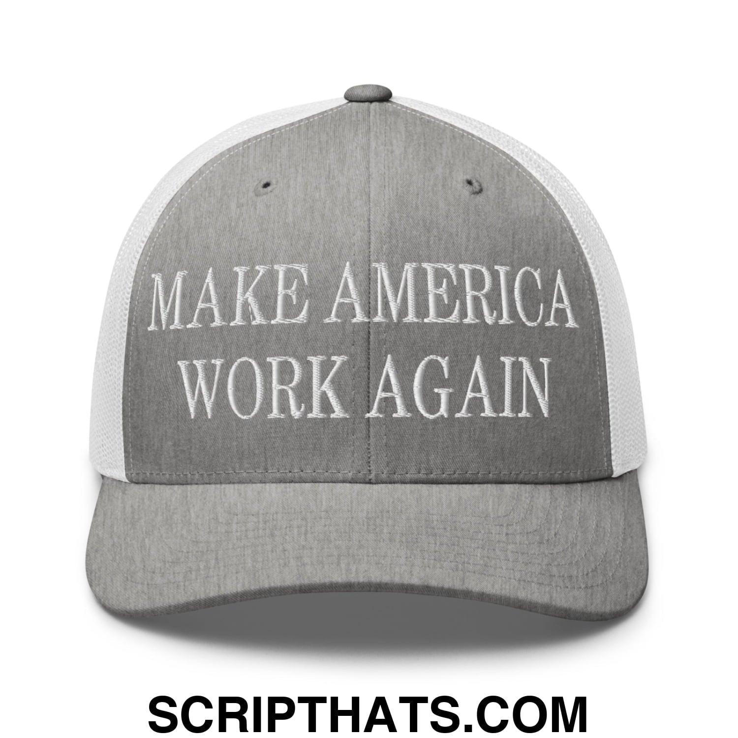 Make America Work Again Embroidered Mesh Trucker Hat Heather Grey White