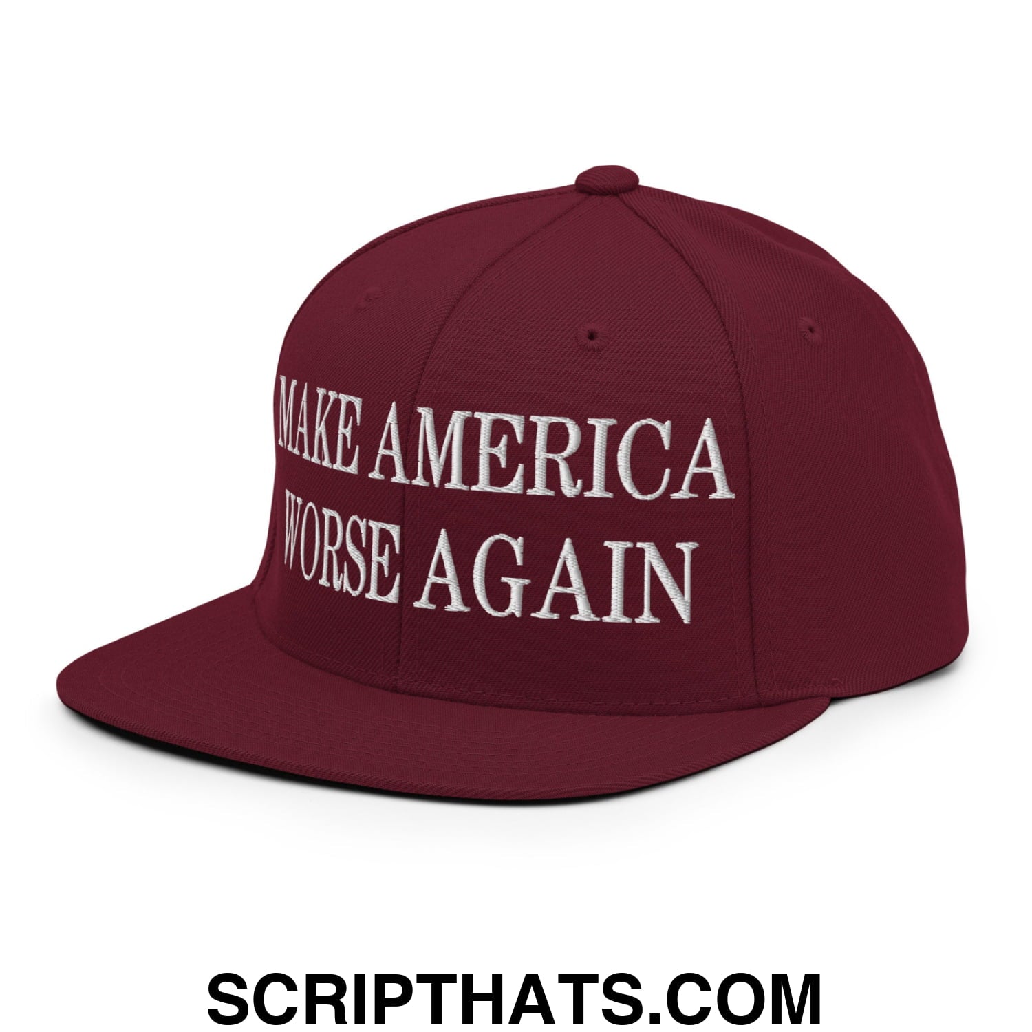 Maroon embroidered flat bill brim snapback hat with white make america worse again text for casual wear