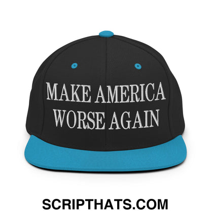 Black snapback cap with teal brim and white embroidered make america worse again text flat bill brim design