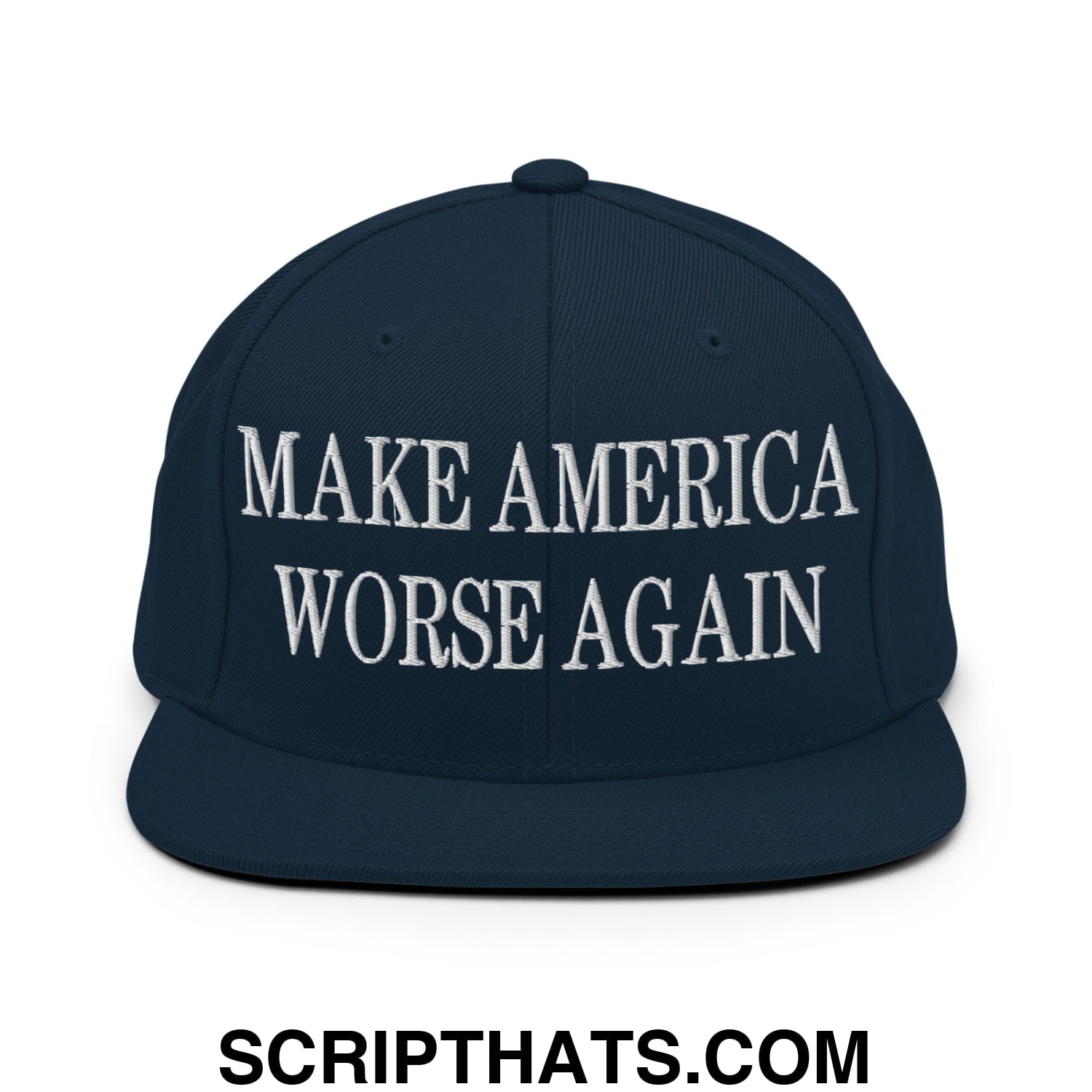 Navy blue flat bill brim snapback hat with white embroidered make america worse again text for casual wear