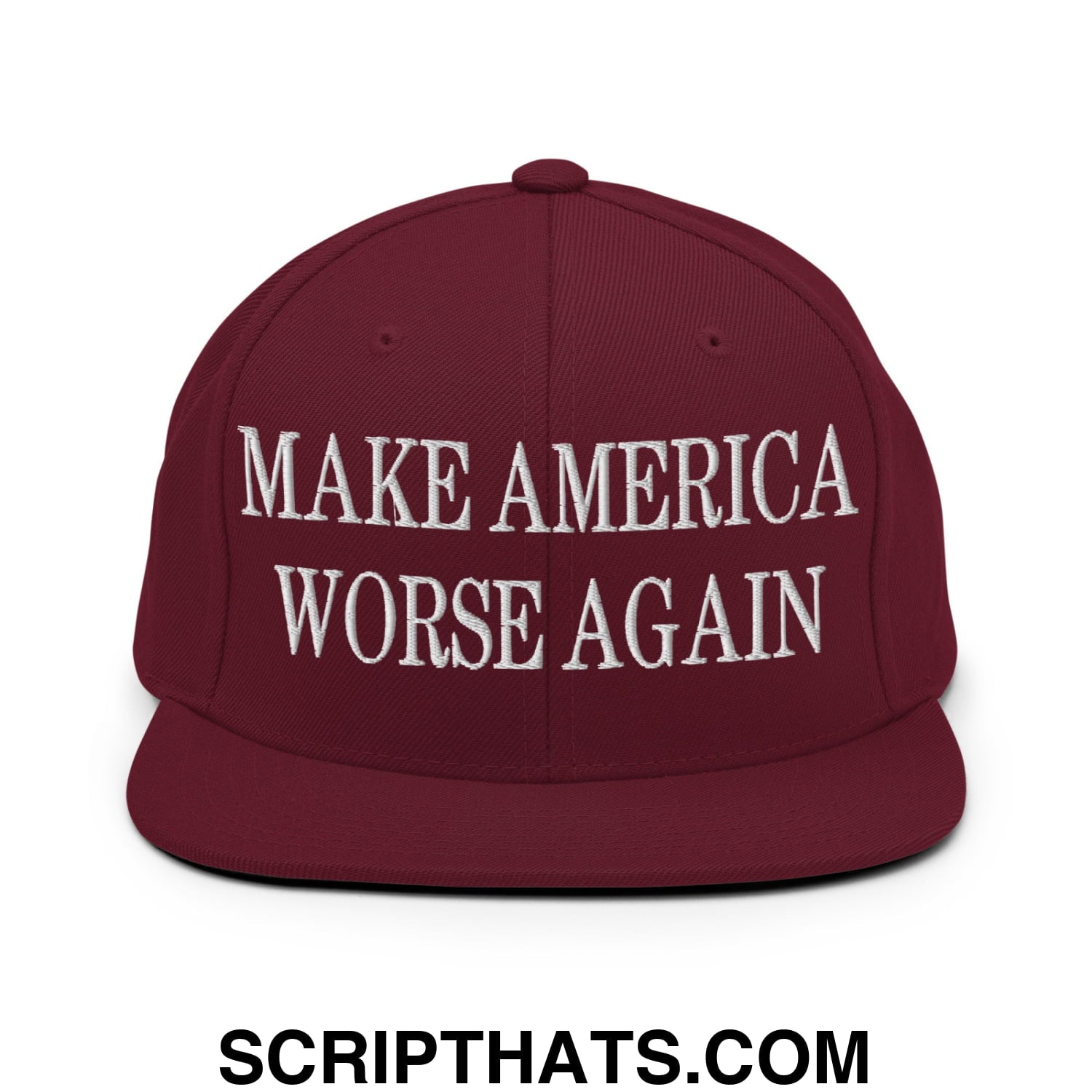 Maroon snapback hat with white embroidered text make america worse again flat bill brim for casual wear