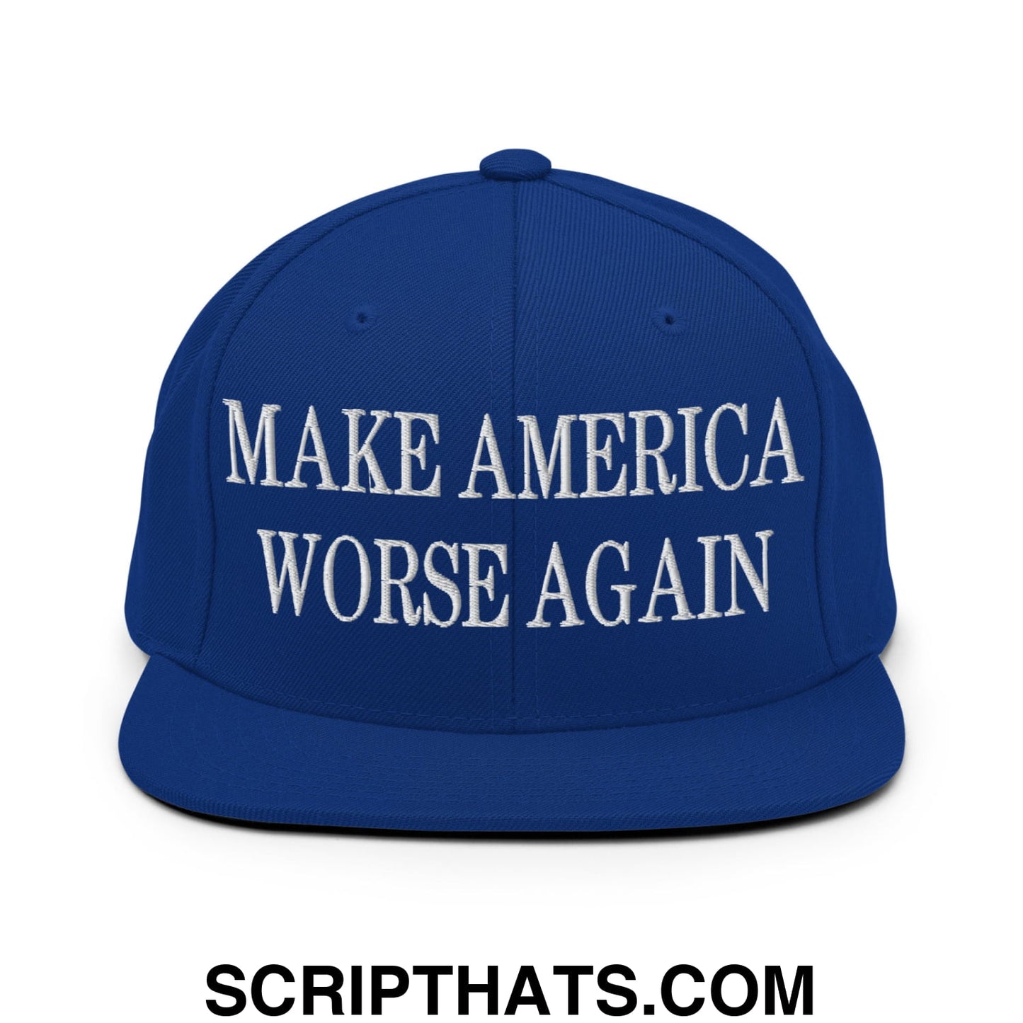 Royal blue snapback cap with white embroidered make america worse again text and flat bill brim for casual wear