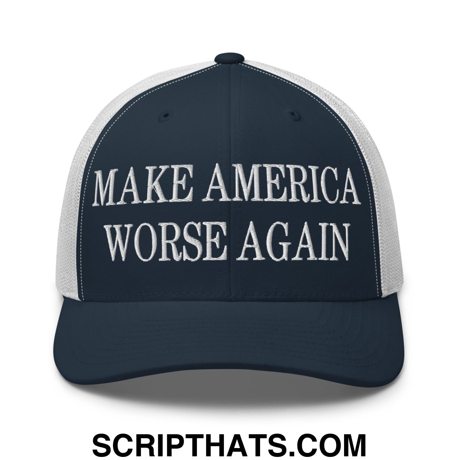 Navy blue and white make america worse again embroidered mesh trucker hat with adjustable back closure
