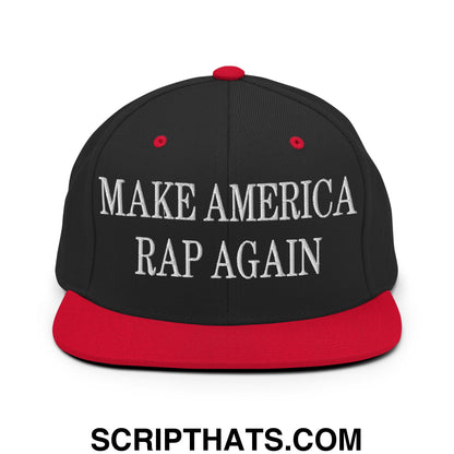 Black snapback hat with red brim and button featuring white embroidered make america rap again text