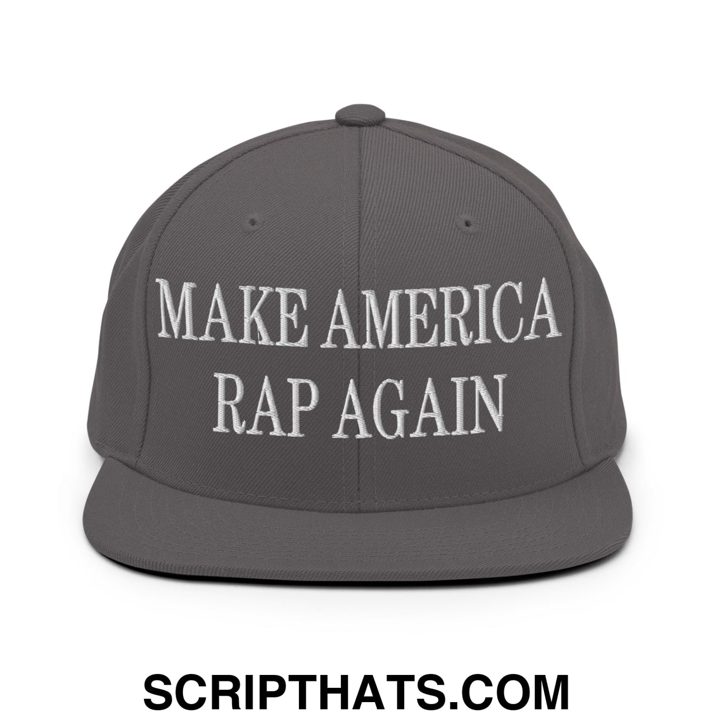 Gray snapback hat with white embroidered make america rap again text and flat bill brim for casual wear