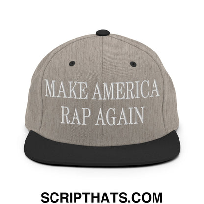 Gray heather snapback cap with black brim and white embroidered make america rap again text flat bill brim hat