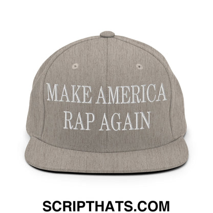 Gray snapback cap with white embroidered make america rap again text and flat bill brim design