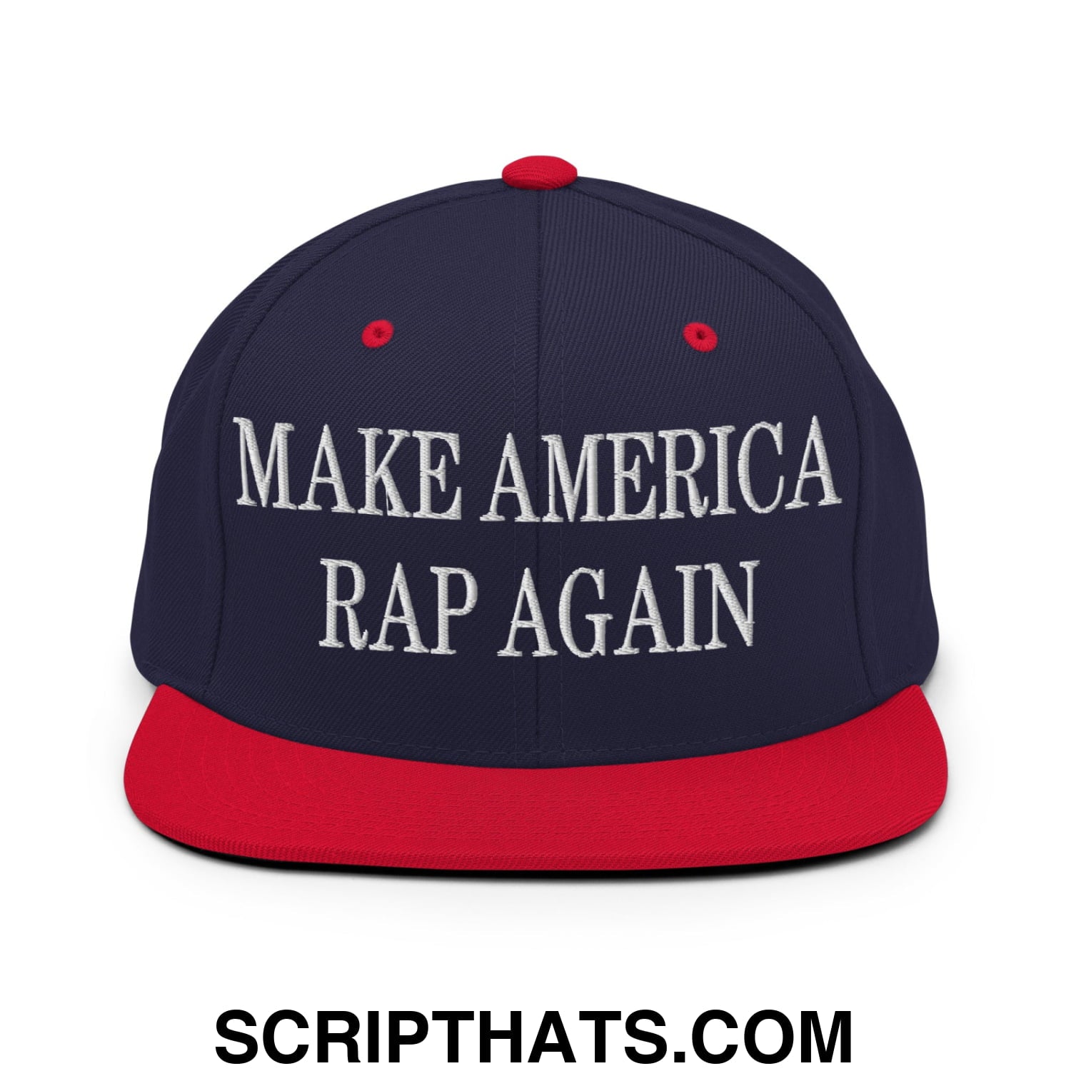 Navy blue and red snapback hat with white embroidered make america rap again slogan and flat bill brim design