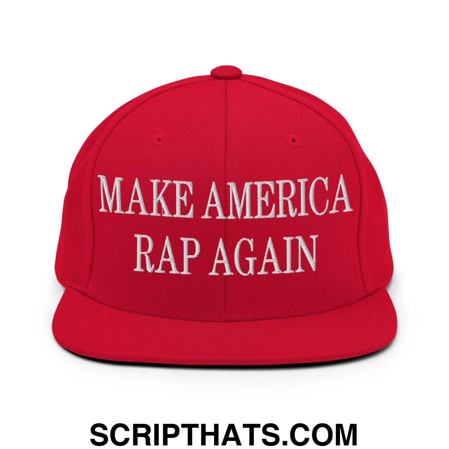 Red snapback cap with white embroidered make america rap again text and flat bill brim in casual streetwear style