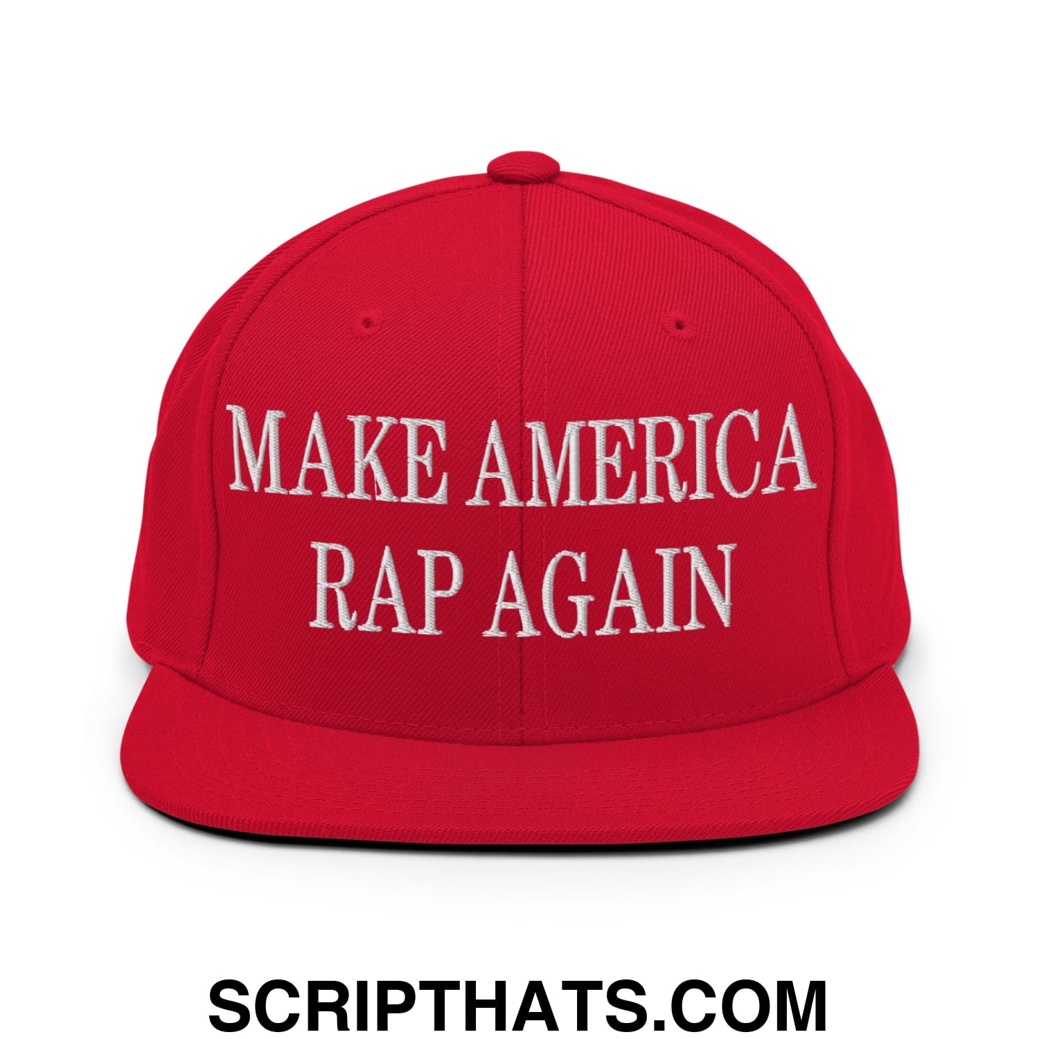 Red snapback cap with white embroidered make america rap again text and flat bill brim in casual streetwear style