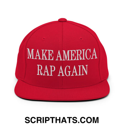 Red snapback cap with white embroidered make america rap again text and flat bill brim in casual streetwear style