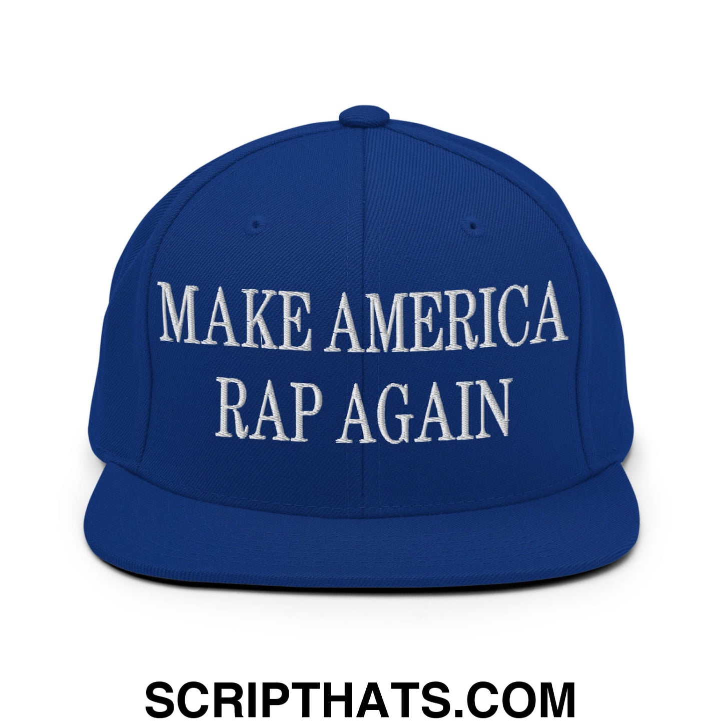 Royal blue snapback cap with white embroidered make america rap again text and flat bill brim design