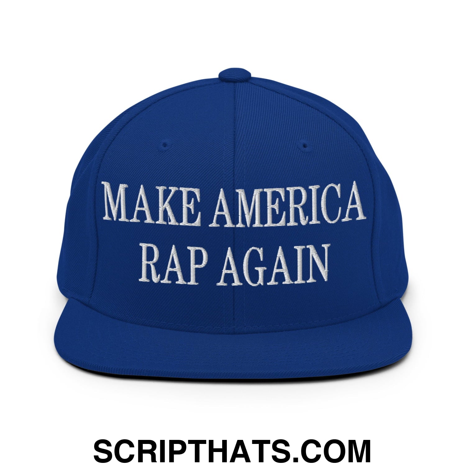 Royal blue snapback cap with white embroidered make america rap again text and flat bill brim design