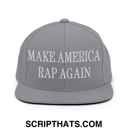 Gray embroidered snapback hat with flat bill brim featuring white text make america rap again