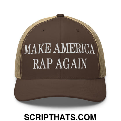 Brown and tan mesh trucker hat with white embroidered make america rap again text for casual wear