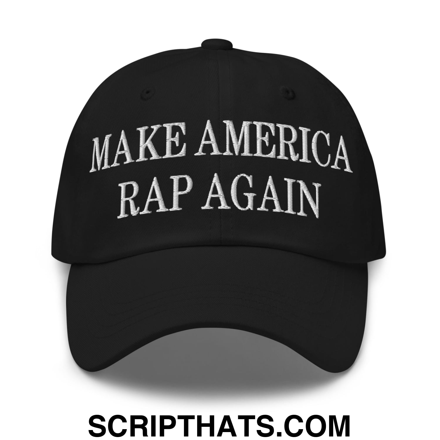 Black make american rap again embroidered unstructured dad hat with white text for casual wear