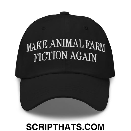 Black embroidered make animal farm fiction again unstructured dad hat with white text for casual wear