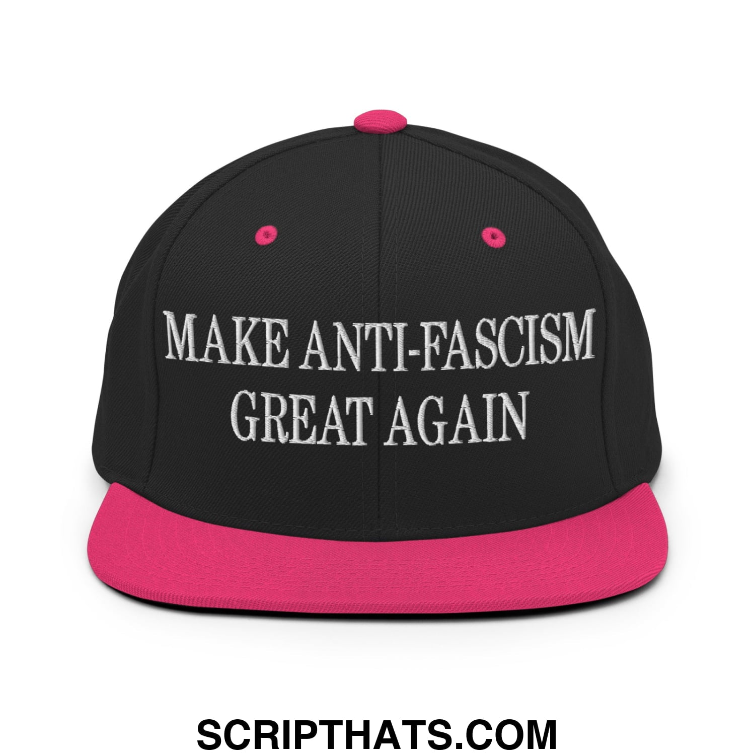 Make Anti-Fascism Great Again Embroidered Flat Bill Brim Snapback Hat Black Neon Pink