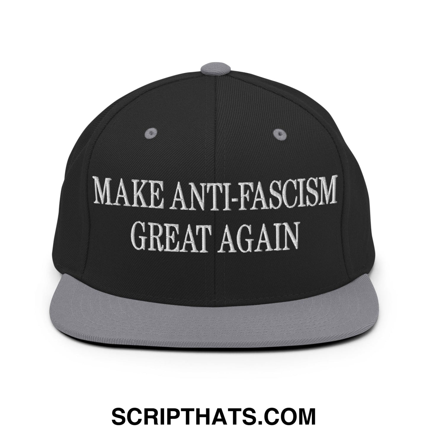 Make Anti-Fascism Great Again Embroidered Flat Bill Brim Snapback Hat Black Silver