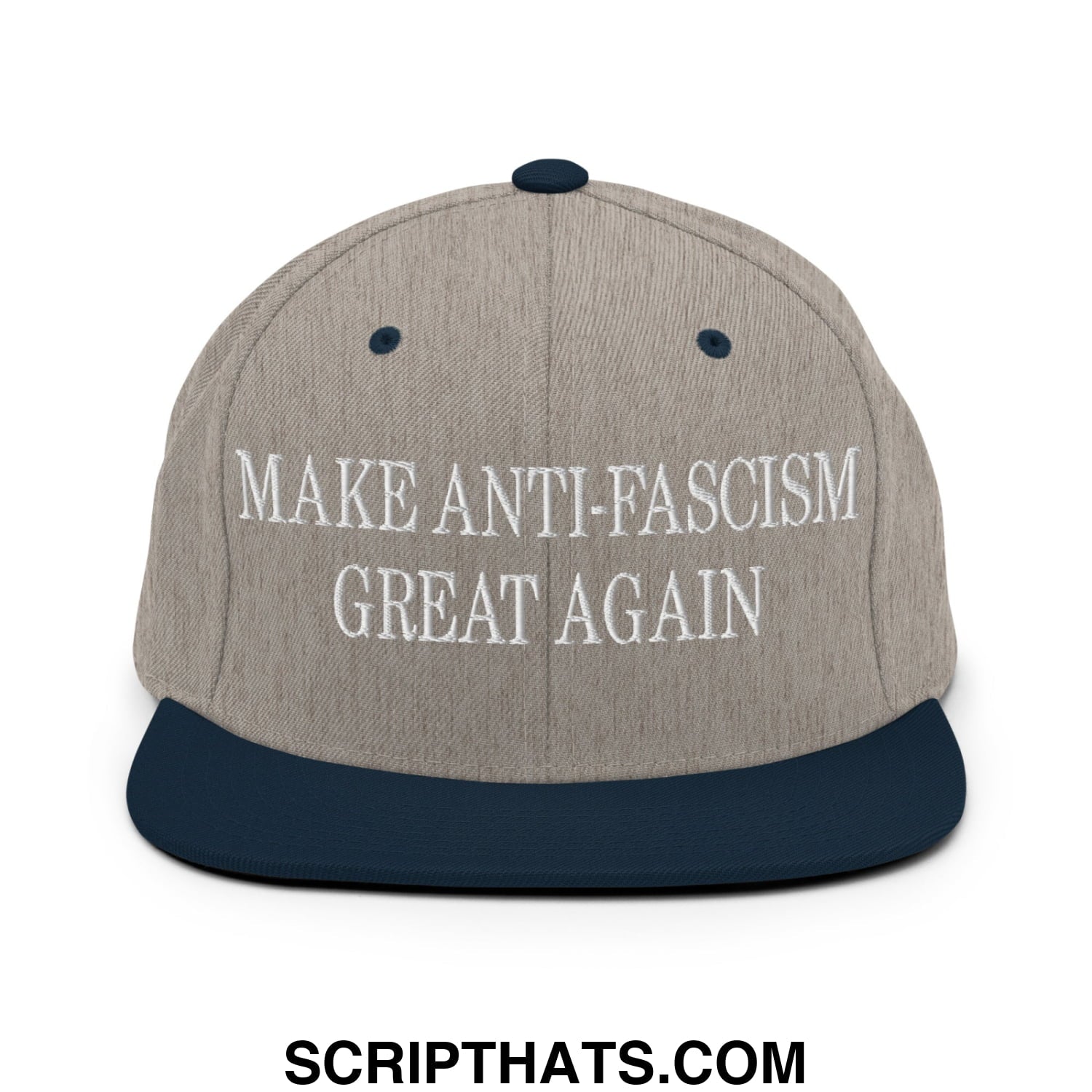 Make Anti-Fascism Great Again Embroidered Flat Bill Brim Snapback Hat Heather Grey Navy