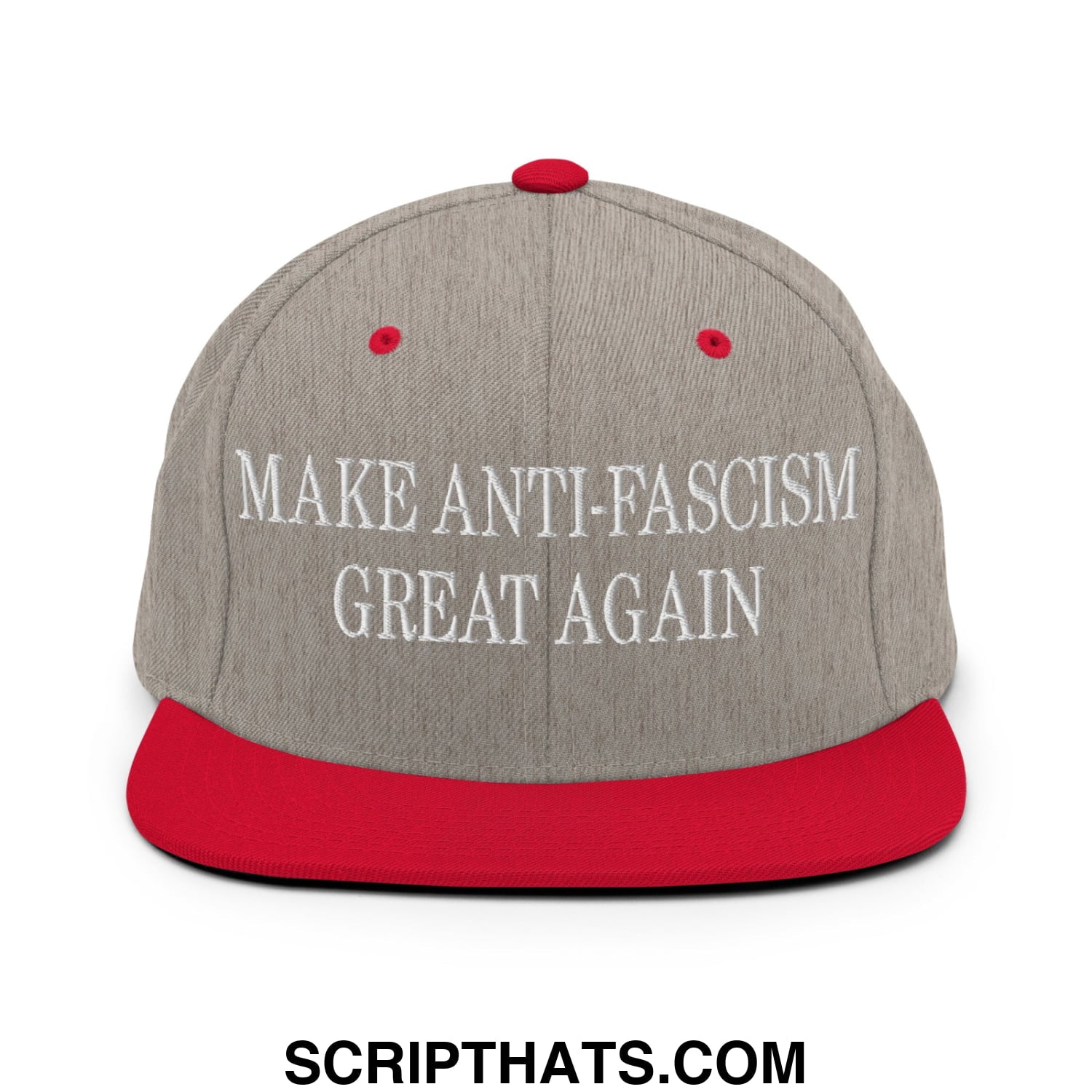 Make Anti-Fascism Great Again Embroidered Flat Bill Brim Snapback Hat Heather Grey Red