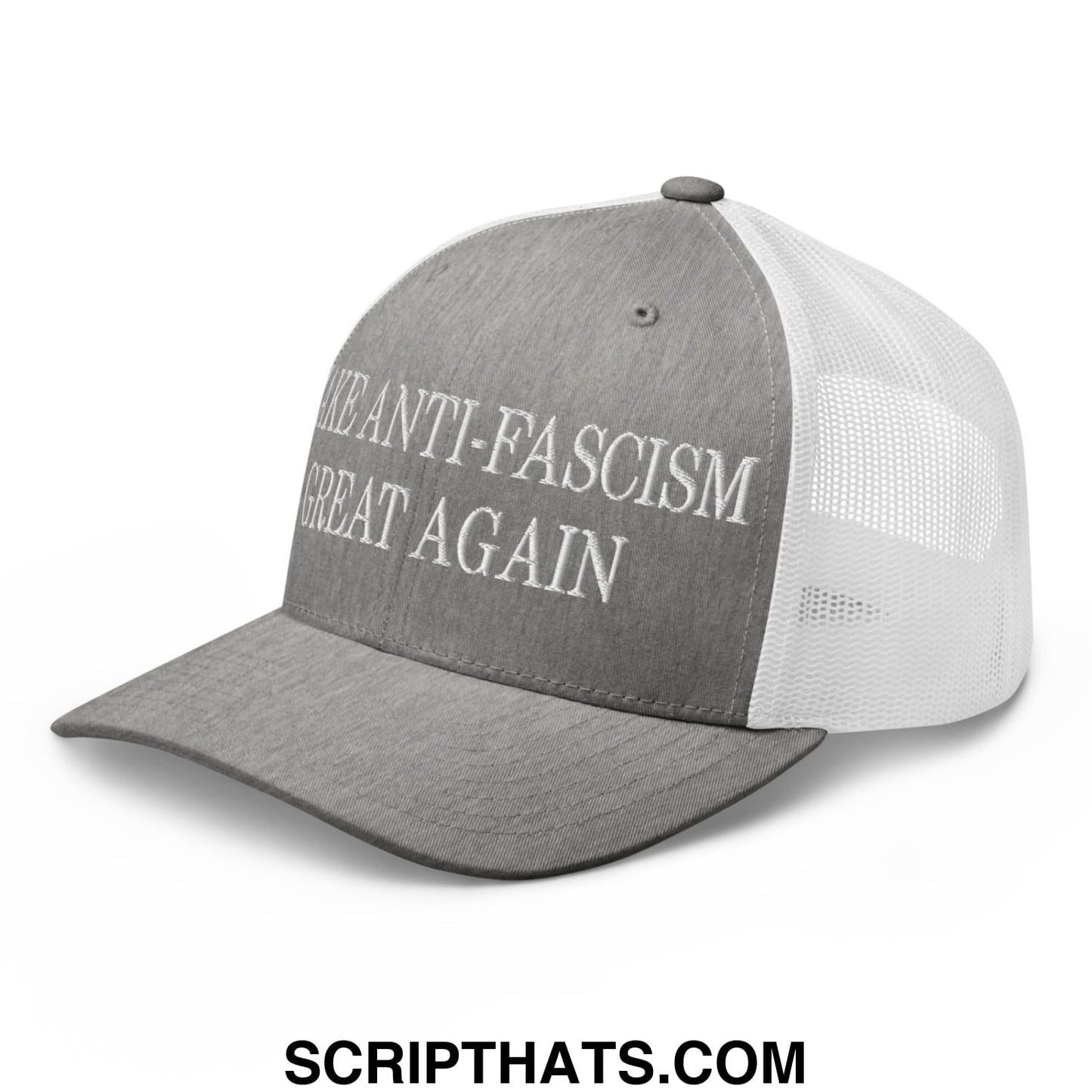 Make Anti-Fascism Great Again Embroidered Mesh Trucker Hat Heather Grey White