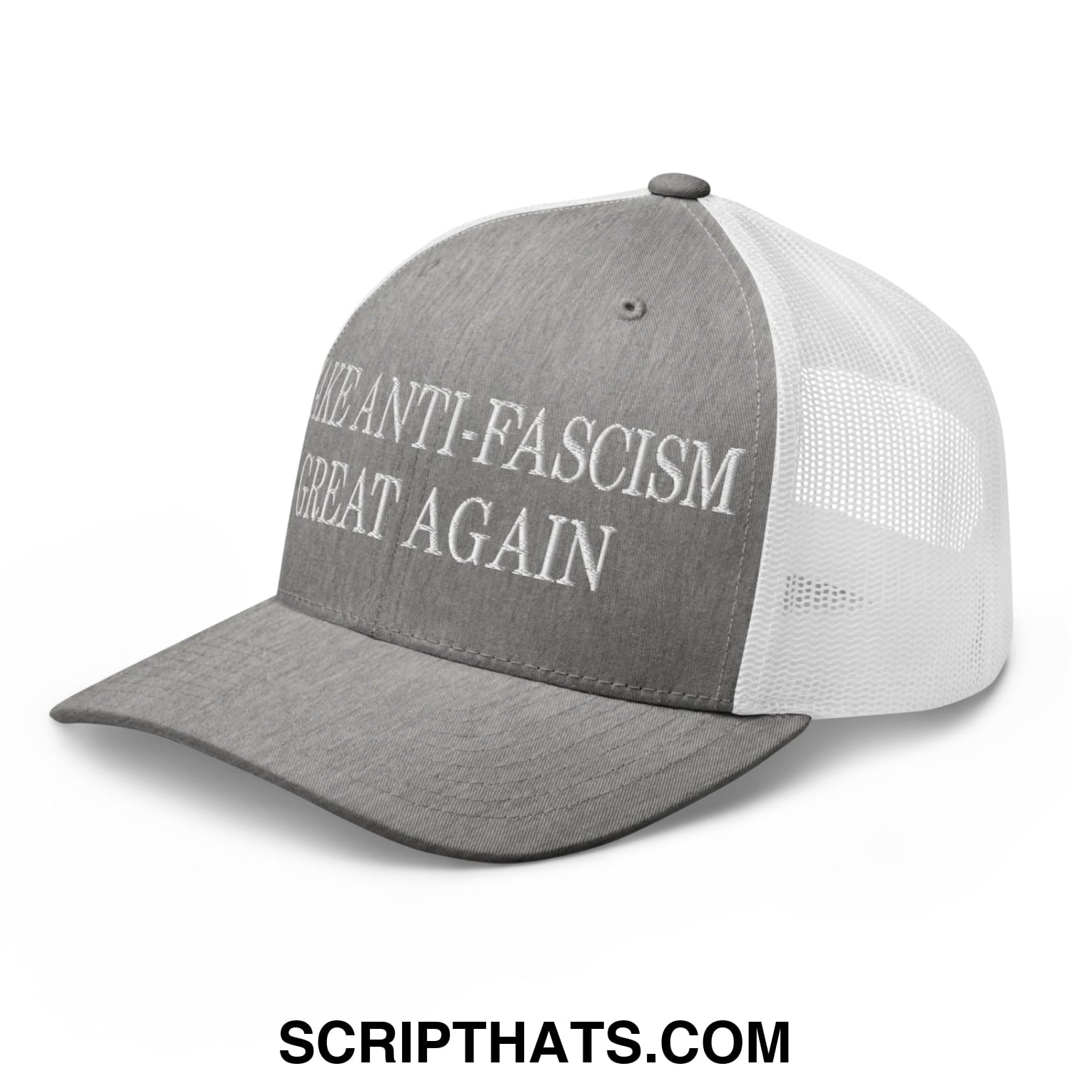Make Anti-Fascism Great Again Embroidered Mesh Trucker Hat Heather Grey White