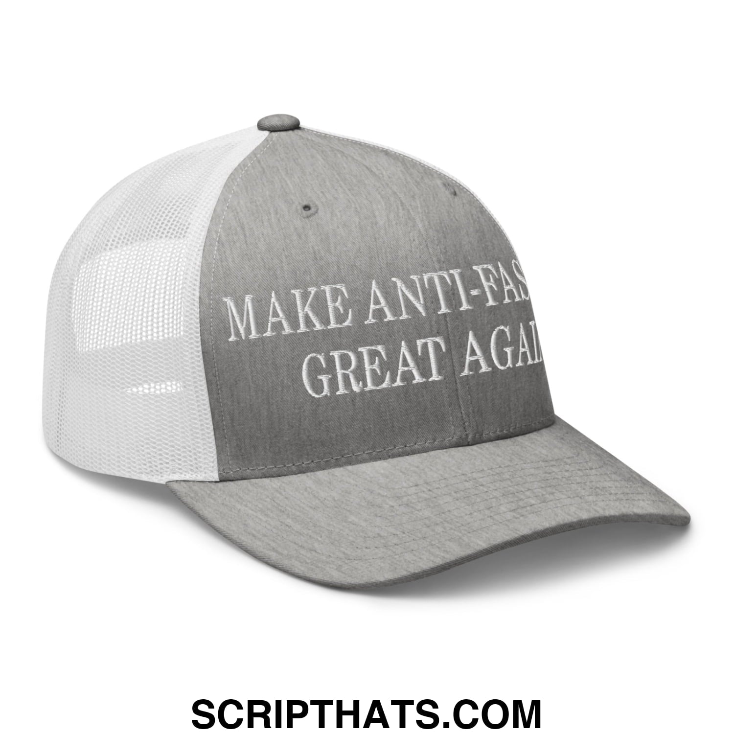 Make Anti-Fascism Great Again Embroidered Mesh Trucker Hat Heather Grey White