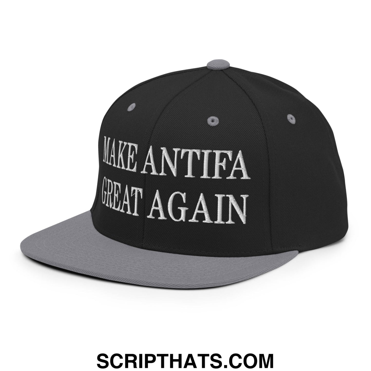 Make Antifa Great Again Embroidered Flat Bill Brim Snapback Hat Black Silver