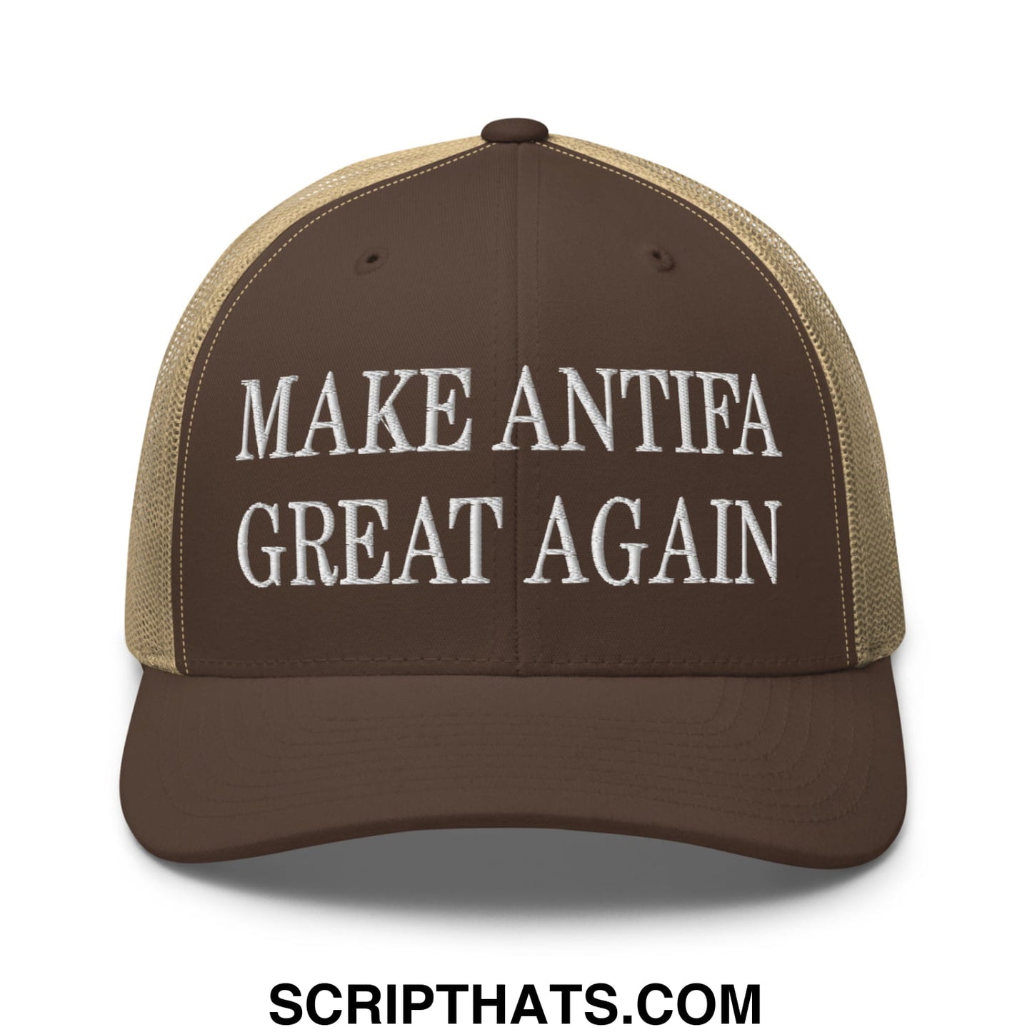Make Antifa Great Again Embroidered Mesh Trucker Hat Brown Khaki