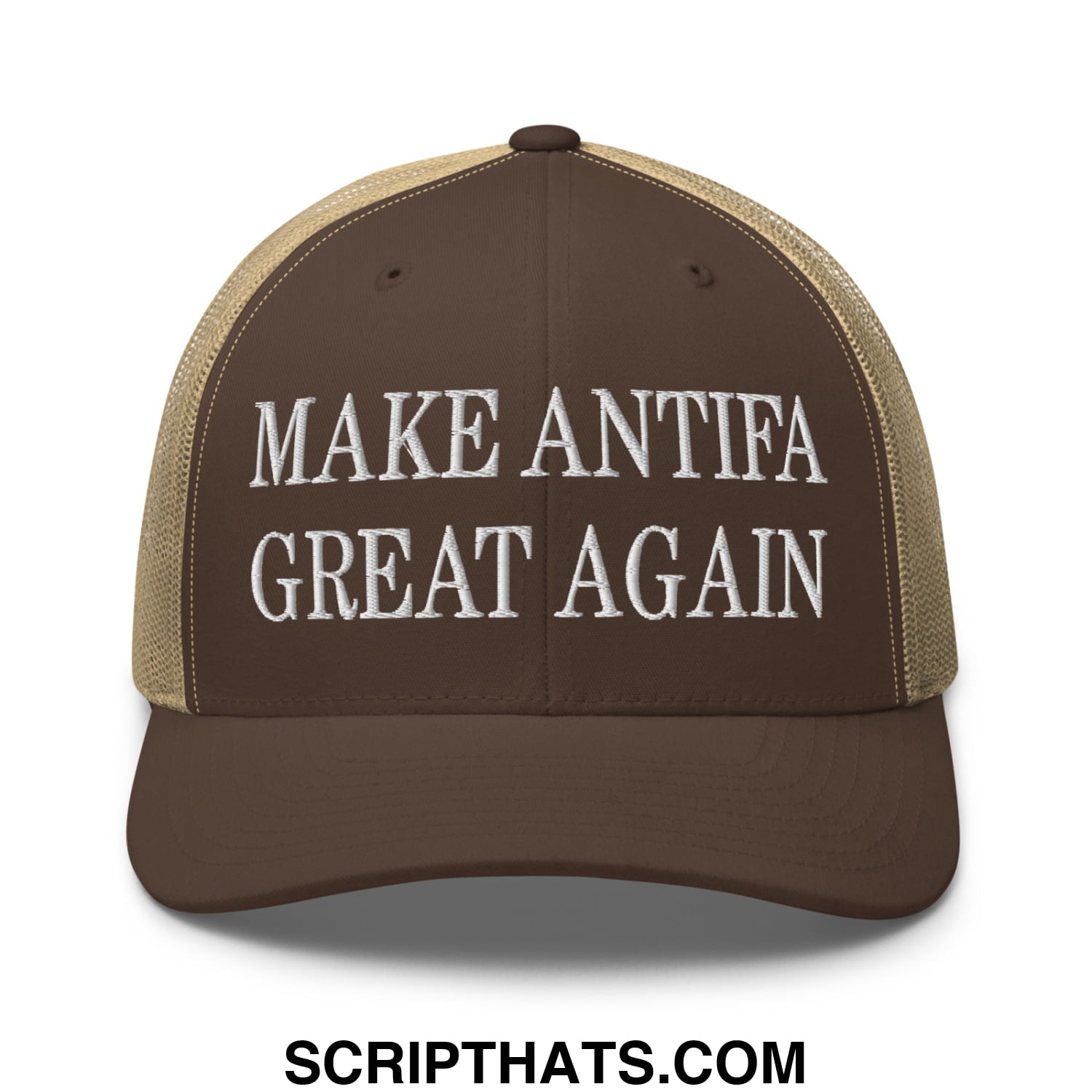 Make Antifa Great Again Embroidered Mesh Trucker Hat Brown Khaki