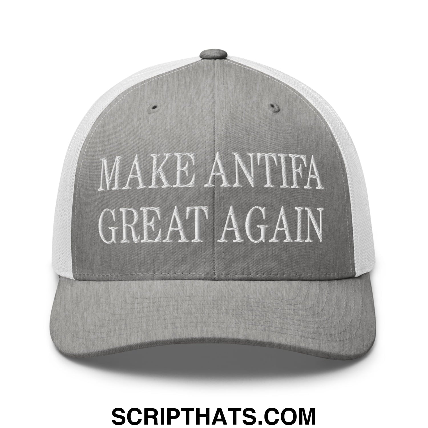 Make Antifa Great Again Embroidered Mesh Trucker Hat Heather Grey White