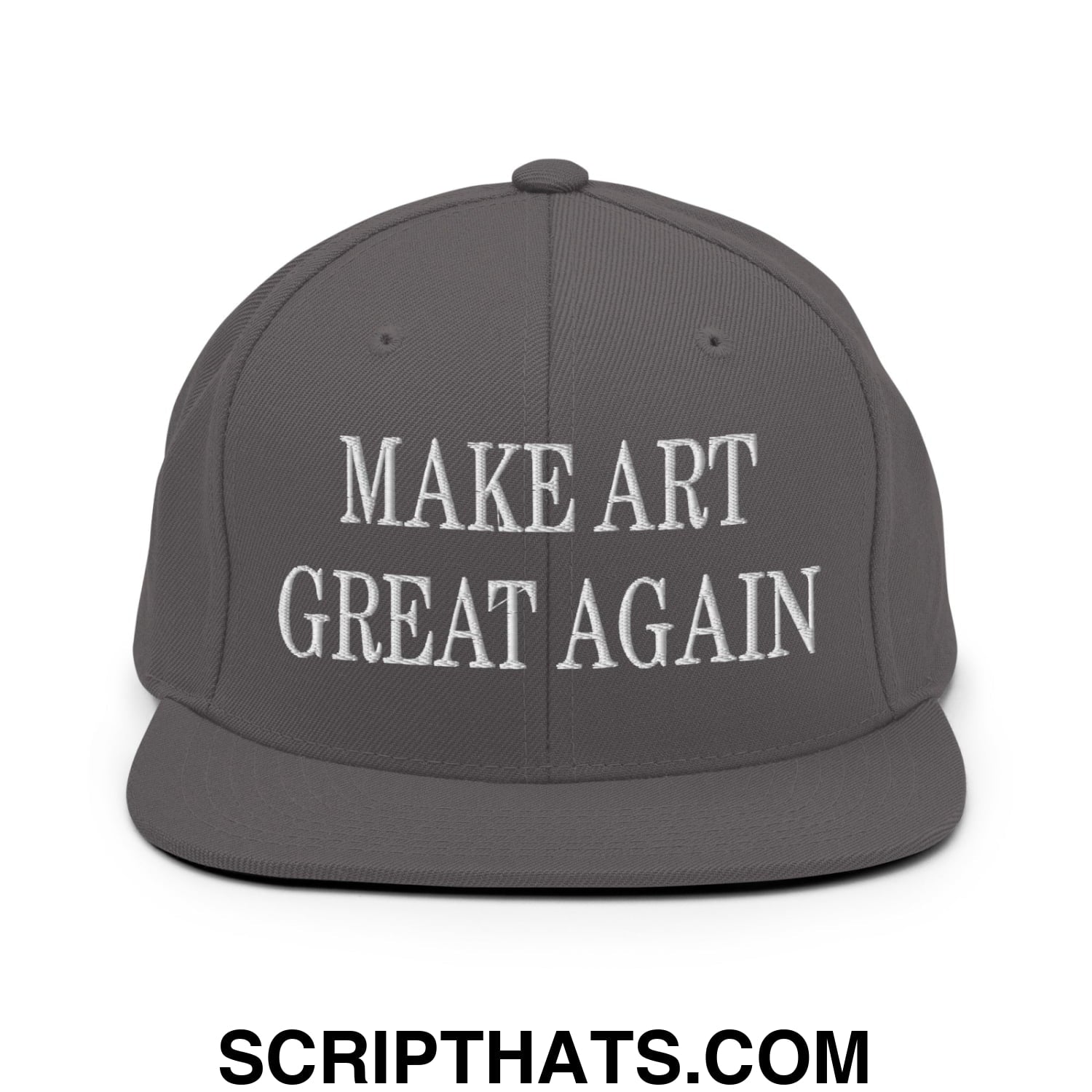 Gray snapback hat with white embroidered make art great again text and flat bill brim for casual wear