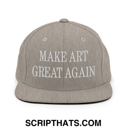 Gray snapback hat with white embroidered make art great again text and flat bill brim for casual wear