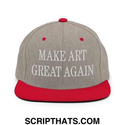 Gray snapback cap with red brim and button featuring white embroidered text make art great again on the front