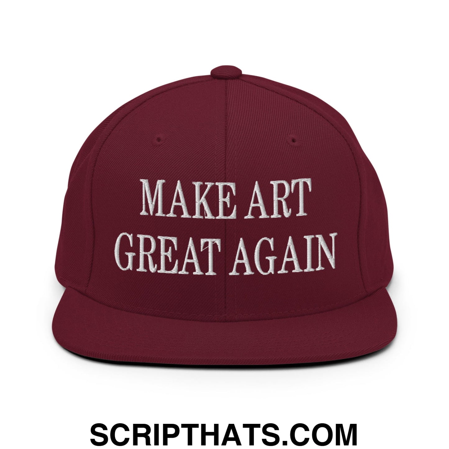 Maroon flat bill brim snapback cap with white embroidered text make art great again for casual wear