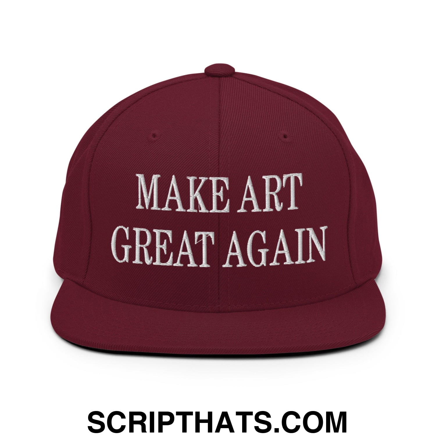 Maroon flat bill brim snapback cap with white embroidered text make art great again for casual wear