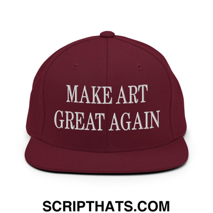 Maroon flat bill brim snapback cap with white embroidered text make art great again for casual wear